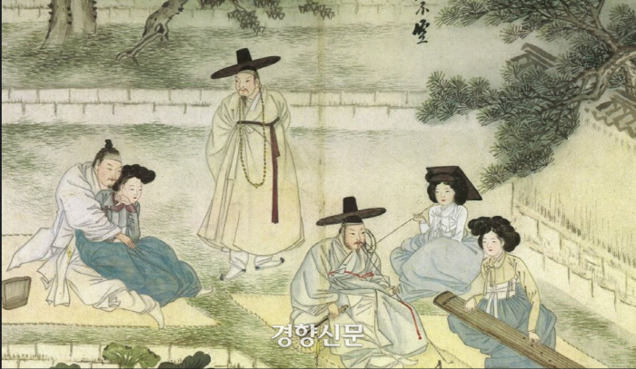 신윤복의 <청금상련>. 고위관리들이 의정부나 육조 같은 관아의 후원에서 기생들을 희롱하고 있다. |간송미술관 소장