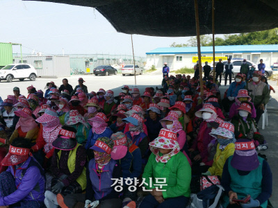 전북 부안군 계화리 일대 주민들이 13일 새만금 매립공사 현장에서 미세먼지 대책을 요구하는 시위를 하고 있다.┃전북녹색연합 제공