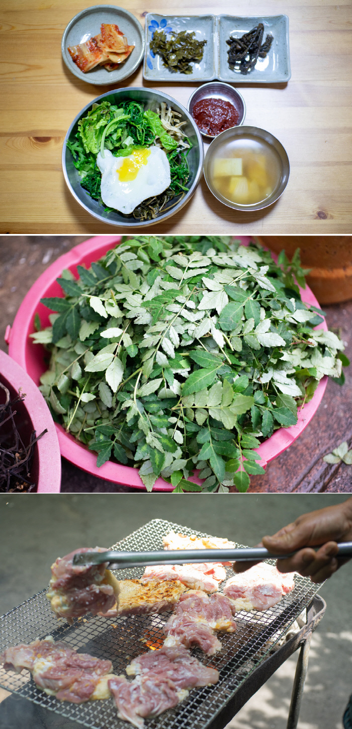38점빵 산나물 비빔밥, 싱싱한 제피 잎, 구례 닭구이(위부터)