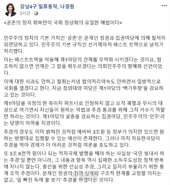 나경원 자유한국당 원내대표 페이스북 갈무리