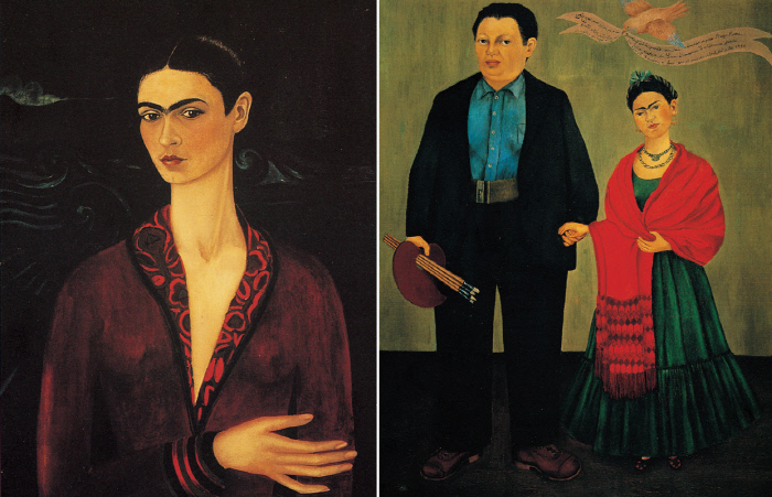 프리다 칼로의 ‘벨벳 옷을 입은 자화상’ (1926·왼쪽)과 결혼식 초상화 ‘프리다와 디에고 리베라’ (1931·오른쪽).