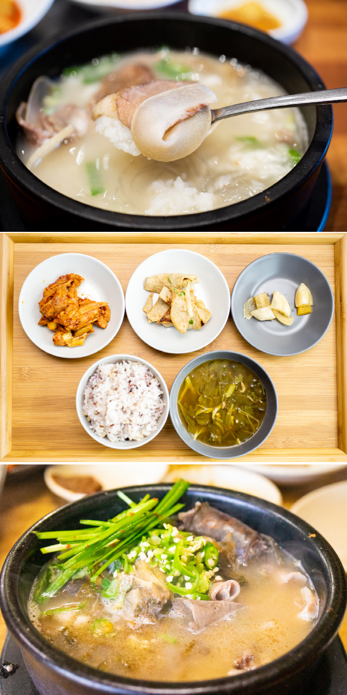 ‘8000원의 행복’ 소 한 마리 탕, 지역 농산물 위주로 차려낸 풀뿌리 밥상, 삶은 간조차도 고소한 개군면의 대표 메뉴 순댓국(위 사진부터).