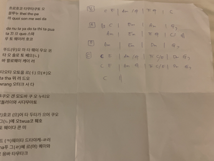 가수 호란이 당시 공연 전 연습을 위해 ‘We Need Peace’ 노랫말을 들리는 대로 한국어 발음으로 풀어 쓴 가사와 코드 진행 순서를 간단히 적은 악보.