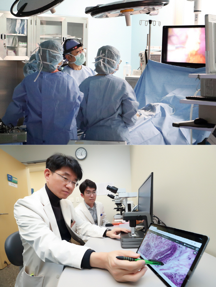 지난 13일 삼성서울병원 수술실에서 의료진이 5G 카메라를 장착한 상태로 수술을 진행하고 있다. 같은 병원 집무실에서 병리과 교수가 방금 촬영한 환자의 병리 데이터를 확인하고 있다. KT 제공