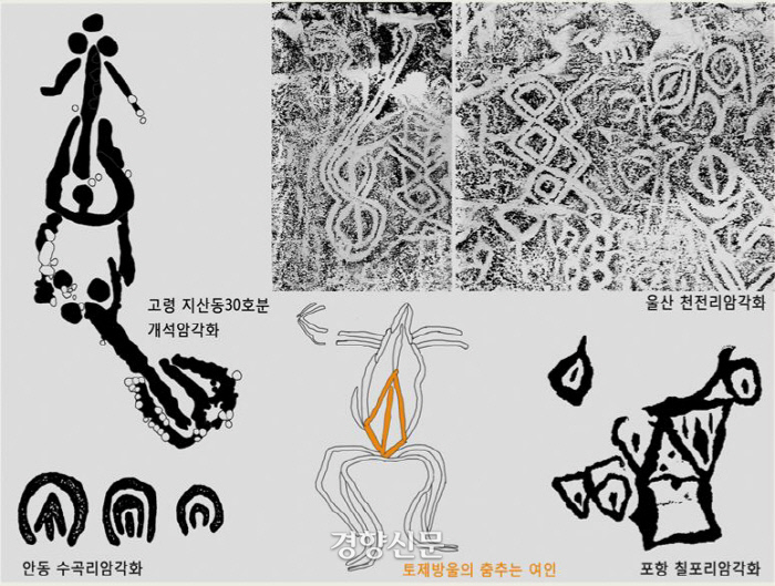 춤추는 인물은 여인으로 보인다는 게 배성혁씨의 주장이다. 그림 한가운데 선시시대 암각화에서 흔히 보이는 여성 성기의 마크가 표현된 것을 주목했다. |배성혁씨 제공