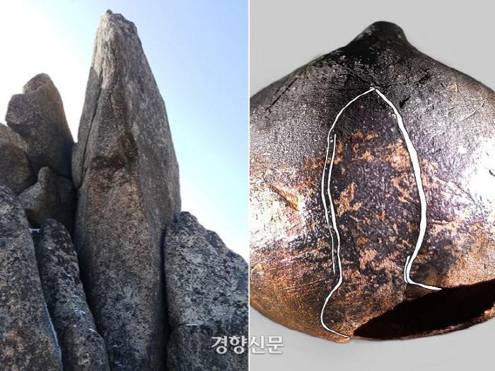 방울그림의 첫번째 주제. <삼국유사> 가락국 신화의 무대인 구지봉을 형상화한 것일 수 있다. 하지만 이것이 대가야 버전으로 해석될 경우 대가야 정견모주 설화의 무대로 전해지는 가야산 상아덤을 상징한 것일 수도 있다.|배성혁씨 제공