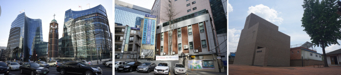 <한국교회, 이미와 아직 사이에서>는 기독교 도입 초기부터 오늘에 이르기까지 교회 예배당을 살펴보며 종교의 본질을 탐구한다. ‘사랑의교회’는 강남이라는 욕망의 한복판에서 복음을 부르짖는 것이 가능한지를, ‘향린교회’는 사회 참여를 통한 예수 정신의 구현 가능성에 대한 질문을, ‘경산 하양무학로교회’는 창도 간판도 없는 작은 교회 공간을 통해 교회의 본질 찾기를 제안한다(왼쪽 사진부터).   곰출판 제공