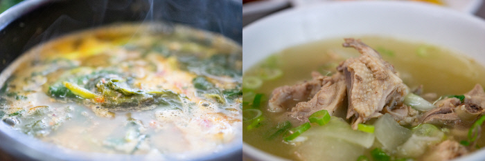 아욱이 들어간 어탕의 맑은 국물은 잡내 없이 입에 착 달라붙는다(왼쪽). 토종닭을 넣고 끓인 뭇국은 소고기뭇국보다 감칠맛과 구수함이 더하다.