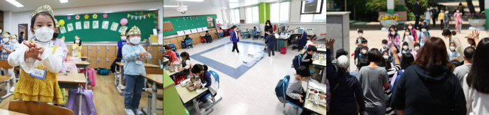 ‘마스크 쓰기·손 씻기’ 배웠어요 고등학교 3학년에 이어 유치원 및 초등학교 1~2학년, 중학교 3학년, 고등학교 2학년으로 ‘등교수업’이 확대된 27일 경기 수원의 한 초등학교에서 왕관을 쓴 1학년 학생들이 코로나19 감염 예방을 위한 손 씻는 방법을 배우고 있다. 떨어져 앉아도 식사는 맛있게 강원도 한 학교에서는 거리 두기를 위해 교실에서 급식을 실시하며 책상을 벽을 보게 배치했다. 무사히 나오는 아이들 보며 ‘휴~’ 이날 하교 시간에는 아이들을 마중나온 학부모들로 전국 초등학교 교문 앞이 북적였다.(왼쪽부터) 연합뉴스.