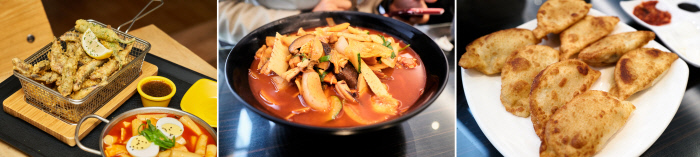 초여름까지 한정 메뉴로 내놓는 멜(멸치)튀김(왼쪽), 신선한 재료를 듬뿍 넣은 국수거리의 짬뽕(가운데), 주문하지 않고는 못 배기는 모양새의 군만두.