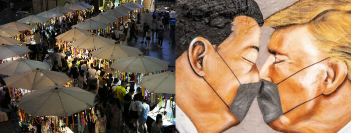전 지구적 차원의 ‘세계화’로 상징되는 세계경제는 코로나19와 같은 감염병에 극도로 취약할 수 있음이 드러났다. 이에 따라 ‘글로컬라이제이션’(지역 중심 세계화)이 새로운 트렌드로 부상할 것이란 전망이 나온다. 중국의 코로나19 확산이 다소 진정된 지난 4일 사람들이 늘어선 쓰촨성 청두의 야시장 모습(왼쪽 사진)과 수술용 마스크를 쓰고 키스하는 도널드 트럼프 미국 대통령과 시진핑 중국 국가주석의 모습을 그린 지난 4월29일 독일 베를린 마우어파크의 벽화. 코로나19 사태 이후 벌어진 미·중 간 갈등은 세계의 리더십을 시험대에 올려놓고 있다. EPA연합뉴스