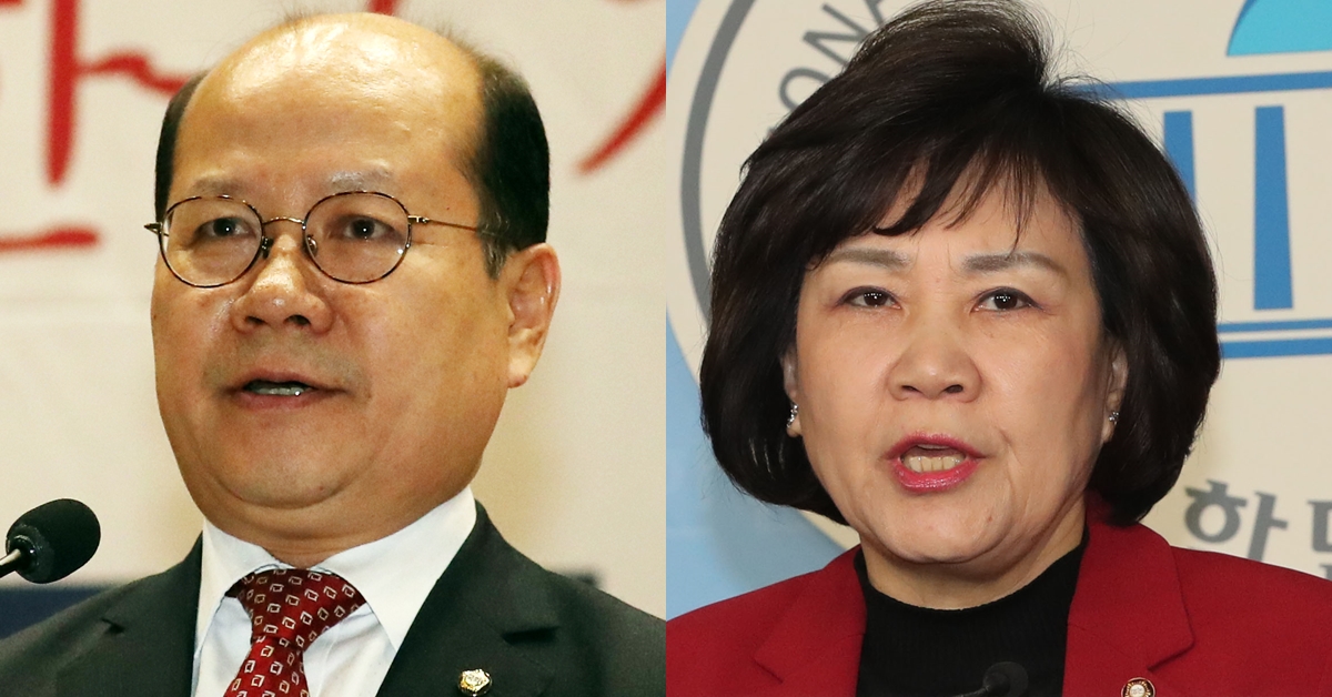 지난 8일 서울 영등포구 국회의원회관에서 열린 공청회에서 문제의 발언을 한 자유한국당의 이종명(왼쪽) 의원과 김순례 의원. 뉴스1. 연합뉴스