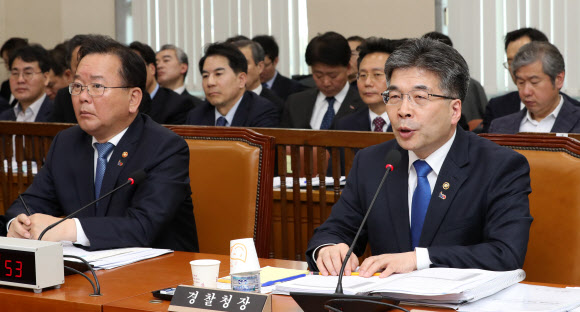 - 민갑룡 경찰청장이 14일 오전 열린 국회 행정안전위 전체회의에서 버닝썬 사건 관련 의원질의에 답변하고 있다. 연합뉴스