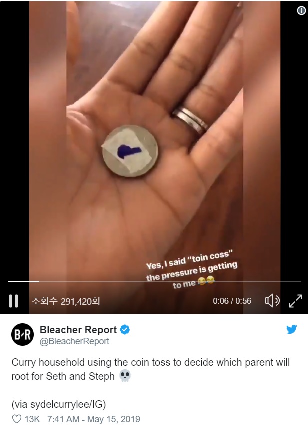 동전 던지기 하는 ‘커리 가족’ 윗면은 포틀랜드의 ‘P’가 써 있다 - 미국 스포츠 전문 웹진 블리처 리포트 트위터 캡처