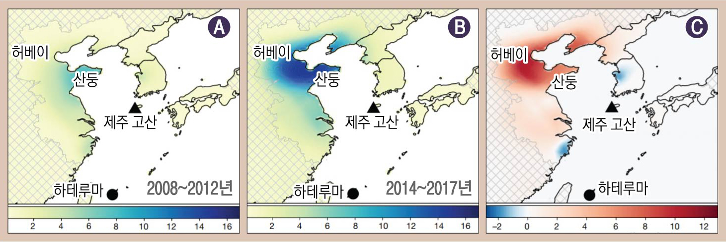 제주도 고산지역과 일본 하테루마 관측소에서 채집된 공기 속에서 프레온가스 농도를 측정한 결과로 분석한 2008~2012년 평균배출량(A)과 2014~2017년 평균배출량(B), 그리고 두 측정 기간 사이에 나타난 배출량 변화분포도(C). 2014년 전후부터 산둥성과 허베이성을 비롯한 중국 동부지역에서 프레온가스가 다량 배출되는 것을 확인할 수 있다. 네이처 제공