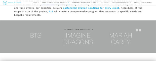유명 월드스타들의 전용기 대여를 도맡고 있는 PJS사 홈페이지에 BTS의 이름이 함께 내걸렸다/사진=PJS 홈페이지