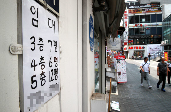민간 소비 위축  - 청와대가 9일 경기 하방 위험 장기화 가능성을 처음으로 언급한 가운데 서울 중구 명동의 한 건물에 임대 안내문이 붙어 있다.연합뉴스