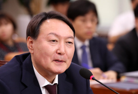 밝은 표정의 윤석열 후보자 - 윤석열 검찰총장 후보자가 8일 국회 법제사법위원회에서 열린 인사청문회에서 의원들의 질의에 답변하고 있다. 2019.7.8 연합뉴스