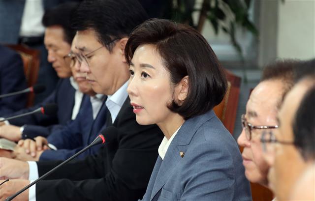 원내대책회의 주재하는 나경원 대표 - 나경원 자유한국당 원내대표가 23일 서울 여의도 국회에서 열린 원내대책회의에서 모두발언을 하고 있다. 2019.8.23/뉴스1
