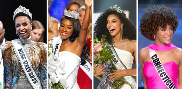 왼쪽부터 ‘2019 미스 유니버스’ 조지비니 툰지, ‘2019 미스 아메리카’ 니아 프랭클린, ‘2019 미스 USA’ 첼시 크리스트, ‘2019 미스 틴 USA’ 칼리그 개리스/사진=AFP 연합뉴스, AP연합뉴스, 미스유니버스조직위원회