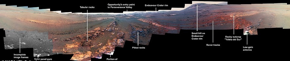 지난 2월 사망선고를 받은 화성 탐사 로봇 오퍼튜니티와, 오퍼튜니티가 남긴 이미지를 모아 제작한 화성 파노라마 전경