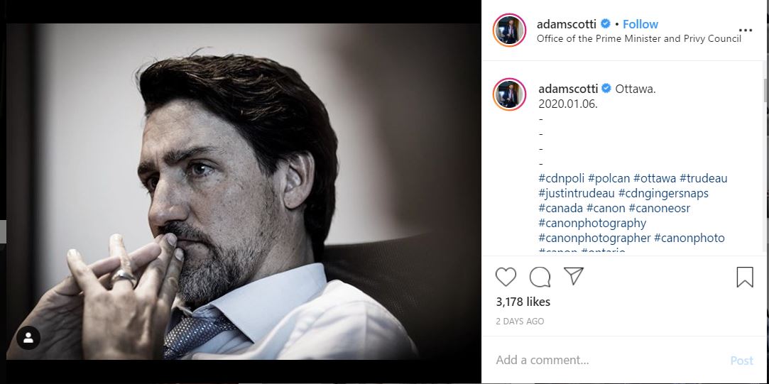 수염을 기르고 나타난 쥐스탱 트뤼도 캐나다 총리 - 캐나다 총리실 사진사 아담 스코티 인스타그램