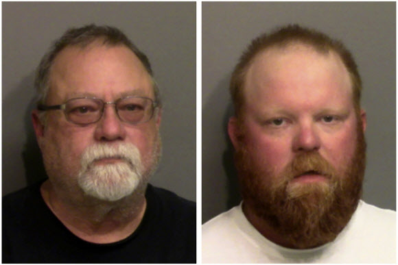 무장도 하지 않은 아프리카계 미국인 청년에게 총격을 가해 살해하고도 74일 동안 아무런 제재를 받지 않고 지난 7일에야 사법당국에 체포돼 구금된 전직 경찰 그레고리 맥마이클(왼쪽)과 아들 트래비스.글린 카운티 구금센터 제공 AP 연합뉴스