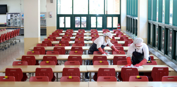 학생 맞을 준비하는 급식실 - 고등학교 3학년 등교 수업을 하루 앞둔 19일 오전 울산시 북구 화봉고등학교 급식실에서 학교 관계자들이 식탁을 청소하고 있다. 2020.5.19 연합뉴스