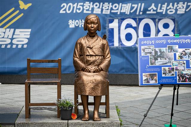 소녀상이 지켜온 자리, 헛되지 않길  - 정의기억연대의 부실 회계·기부금 공시 누락을 비롯해 윤미향 더불어민주당 당선자에 대한 횡령·배임 의혹이 확산하고 있는 가운데 이용수 할머니가 25일 대구 남구의 한 찻집에서 2차 기자회견을 연다. 사진은 24일 서울 종로구 옛 일본대사관 앞 소녀상 모습.뉴스1