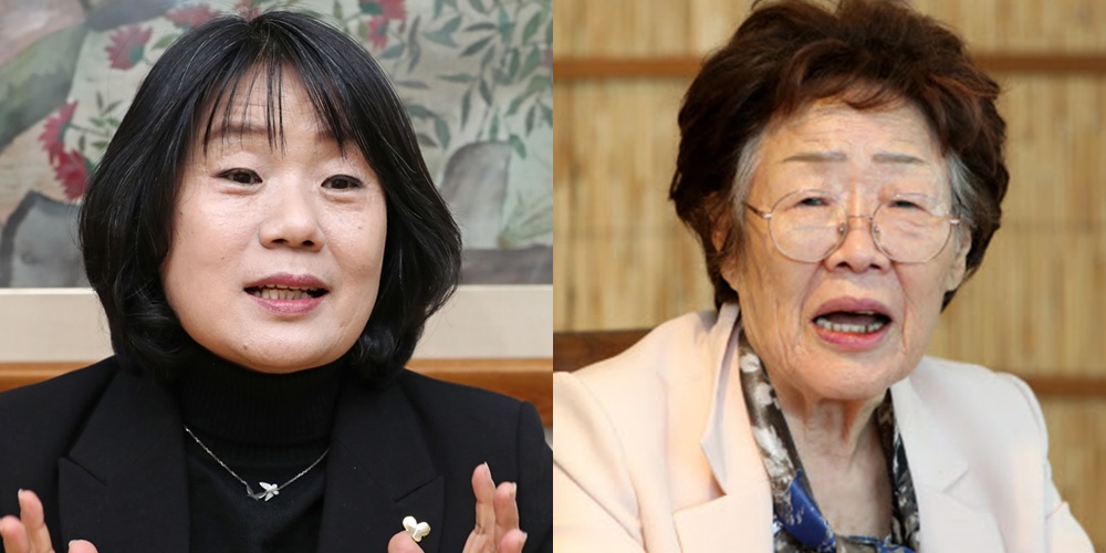 윤미향 더불어민주당 비례대표 당선인(전 정의기억연대 이사장)과 일본군 ‘위안부’ 피해자이자 인권운동가인 이용수 할머니(92). 연합뉴스