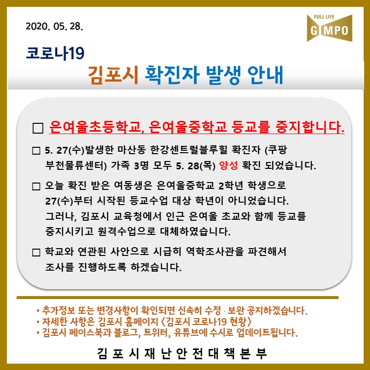 김포시 마산동 은여울초중학교 등교 중지 관련상황 카드뉴스.