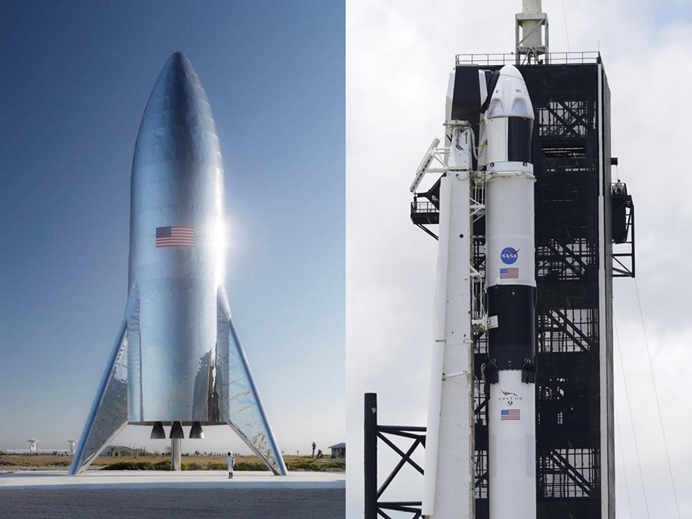 인류를 화성에 데려다 줄 스타십(사진 좌측)과 발사를 앞둔 팰컨8 로켓과 우주선 크루 드래건. 사진=AP 연합뉴스