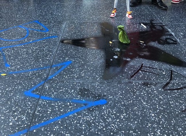 훼손당한 트럼프의 별과 파란색 스프레이로 그려진 BLM 글자