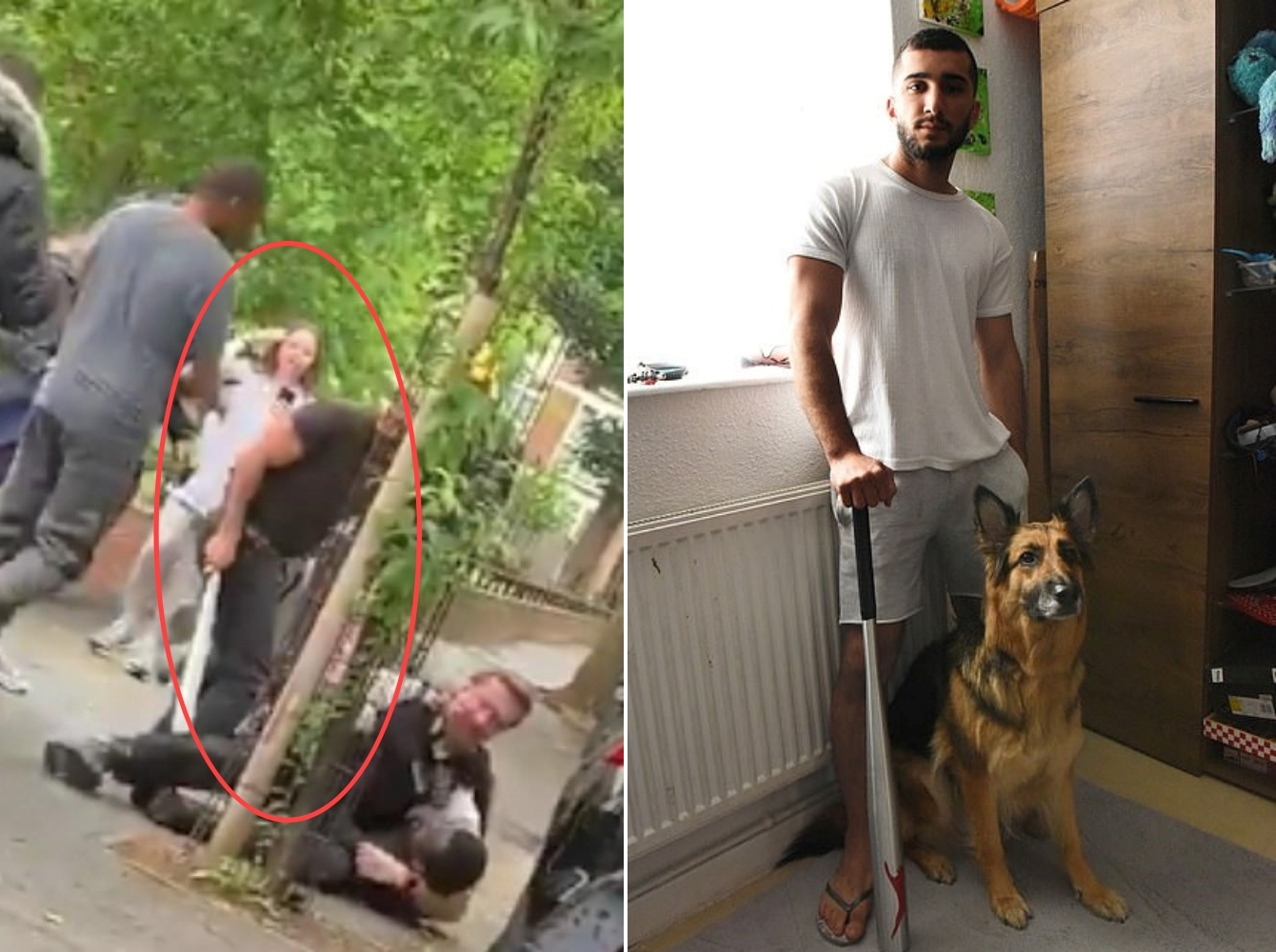 곤경에 처한 경찰을 돕기 위해 야구 방망이를 들고 도운 런던 시민(붉은 동그라미, 오른쪽 사진)