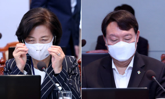 추미애 법무부 장관(왼쪽)과 윤석열 검찰총장이 22일 오후 청와대에서 열린 제6차 공정사회 반부패정책협의회에 참석해 있다. 2020.6.22 연합뉴스