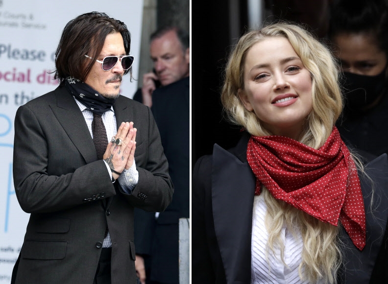 영국 현지 시간으로 15일 런던에서 열린 재판에 참석한 할리우드 배우 조니 뎁(왼쪽)과 엠버 허드(오른쪽). 사진=AP 연합뉴스