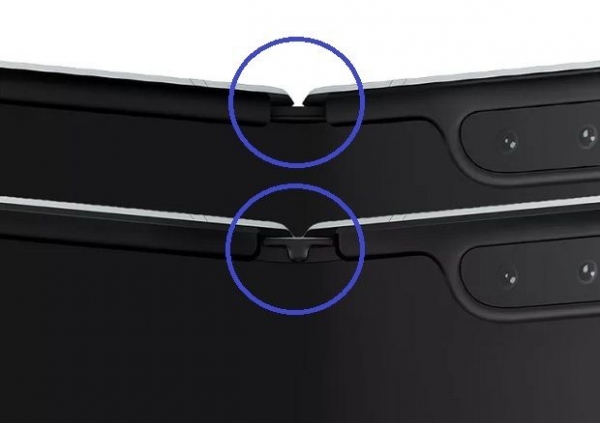 출처: 더버지 / 갤럭시 폴드 보완 전 모습(위)과 보완 후 모습(아래)