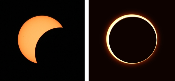 한국천문연구원이 촬영한 부분일식(좌)과 금환일식(우), 한국천문연구원 제공