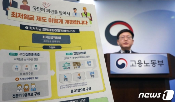 임서정 고용노동부 차관이 27일 정부세종청사 고용노동부 브리핑실에서 최저임금 결정체계 개편안을 발표하는 모습. /사진=뉴스1