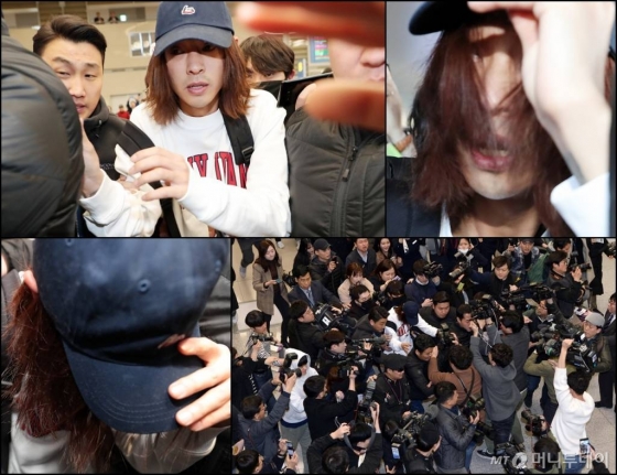 성관계 동영상 불법 촬영 및 메신저 단체 대화방 등을 통해 공유한 의혹을 받고 있는 가수 정준영이 12일 오후 인천국제공항 제2여객터미널로 입국하고 있다. / 사진=김창현 기자