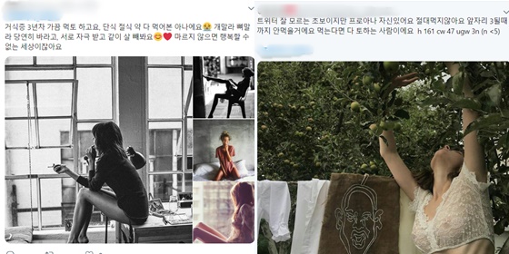 프로아나족의 트위터 글. 오른쪽 글에 적힌 'h' 'cw' 등은 이들이 사용하는 은어다. h는 신장, cw는 현재 체중, ugw는 최종 목표체중을 뜻한다./사진=트위터 캡처