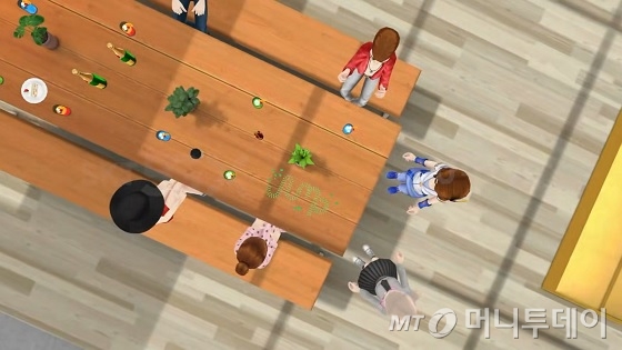 버추얼 소셜 월드 카페룸에서 유저들이 자신의 아바타를 이용해 도미노 게임을 하고 있는 모습. /사진제공=SKt