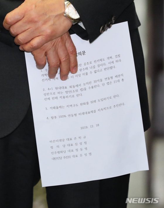 [서울=뉴시스] 장세영 기자 = 정동영 민주평화당 대표가 18일 오전 서울 여의도 국회에서 열린 선거법에 대한 타결 관련 기자회견에서 합의문을 들고 있다. 2019.12.18.   photothink@newsis.com