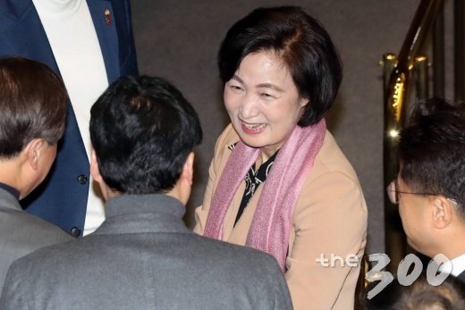 추미애 법무부 장관 후보자가 10일 오전 서울 여의도 국회에서 열린 본회의에 참석해 의원들과 인사하고 있다. / 사진=이기범 기자 leekb@