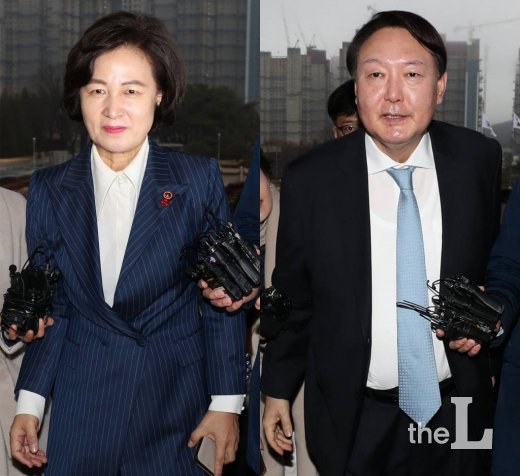 추미애 법무부 장관(사진 왼쪽)과 윤석열 검찰총장이 면담을 위해 지난 7일 오후 경기 정부과천청사 법무부에 들어서고 있다./사진=이기범 기자 leekb@