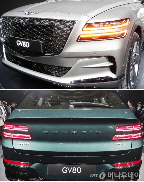 현대자동차그룹 고급 브랜드 제네시스가 15일 오전 경기 고양시 킨텍스에서 첫번째 럭셔리 플래그쉽 SUV 'GV80'의 실물 차량을 선보였다.'GV80'은 제네시스가 처음 선보이는 후륜구동 기반의 대형 SUV 모델로, 2017년 미국 뉴욕에서 콘셉트카로 첫 선을 보인 뒤 2년9개월 만에 실제 차량이 공개됐다. 역동적이고 우아한 디자인 철학을 가진 'GV80'의 3.0 디젤 모델 가격은 6580만원부터 시작하며, 가솔린 2.5/3.5 터보 모델을 더해 총 3가지 엔진 라인업을 운영할 계획이다. / 사진=김창현 기자 chmt@