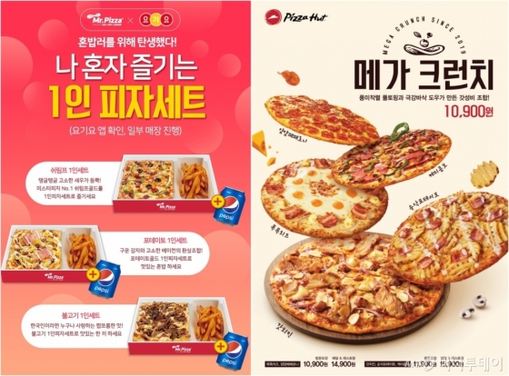 지난해 미스터피자(왼쪽), 피자헛(오른쪽) 등에서는 각각 1인피자 세트, 중저가 피자 등을 선보이며 단가와 크기를 낮춘 제품을 선보이고 있다./사진=미스터피자, 피자헛