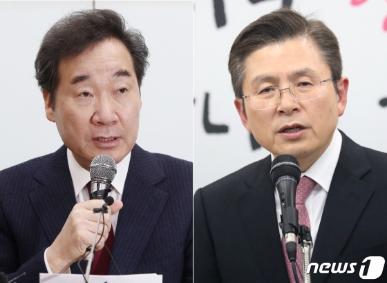 황교안 자유한국당 대표가 7일 서울 영등포의 한국당 중앙당사에서 4·15 총선 서울 종로 출마를 공식 선언했다(오른쪽). 왼쪽은 지난달 23일 서울 종로에 더불어민주당 후보 출마 입장을 밝힌 이낙연 전 국무총리. 황 대표의 종로 출마로 이번 종로구 총선은 전직 총리 출신의 빅매치이자, 차기 대선의 전초전으로 치뤄질 전망이다. 차기 대권주자 선호도 1위인 이 전 총리에 이어 황 대표는 선호도 2위를 달리고 있다. 2020.2.7./사진=뉴스1