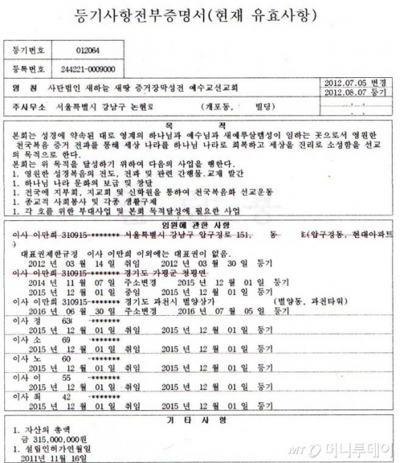 머니투데이가 조회한 신천지 예수교회 관련 사단법인 등기.