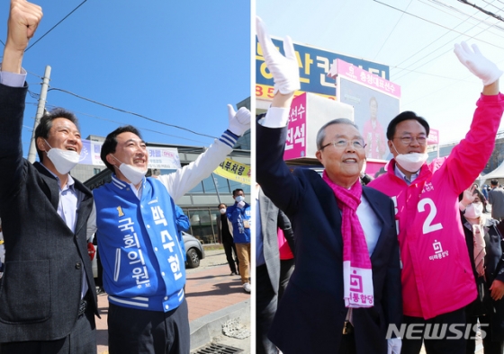 [공주=뉴시스]강종민 장세영 기자 = 제21대 국회의원 선거 공주·부여·청양에 출마한 박수현 더불어민주당 후보와 정진석 미래통합당 후보가 8일 오후 충남 공주에서 지원유세에 나선 임종석 전 대통령비서실장, 김종인 미래통합당 총괄선대위원장과 지지를 호소하고 있다. 2020.04.08.   ppkjm@newsis.com